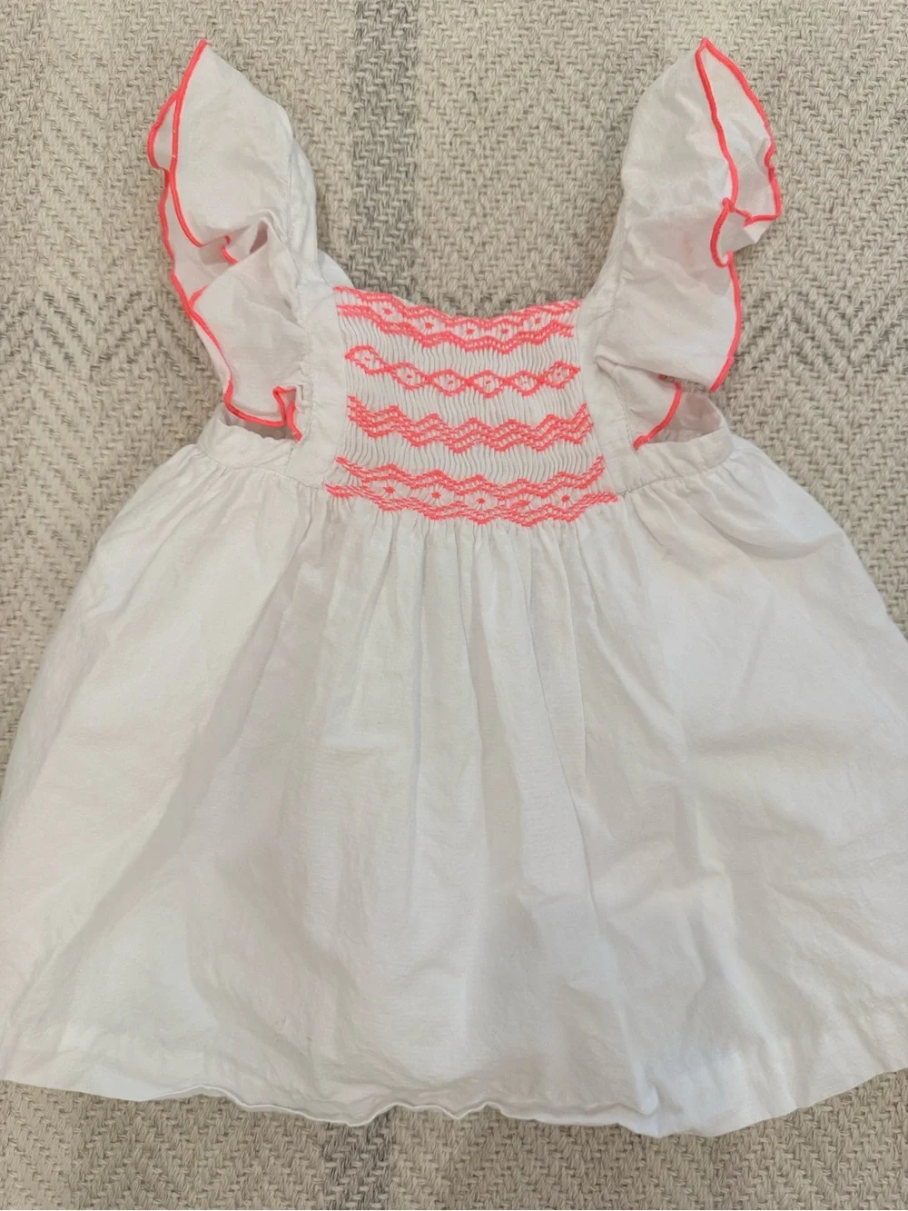Jacadi Baby 18M Infant White Cotton Dress Neon Pink Smocked and ruffle Sleeves